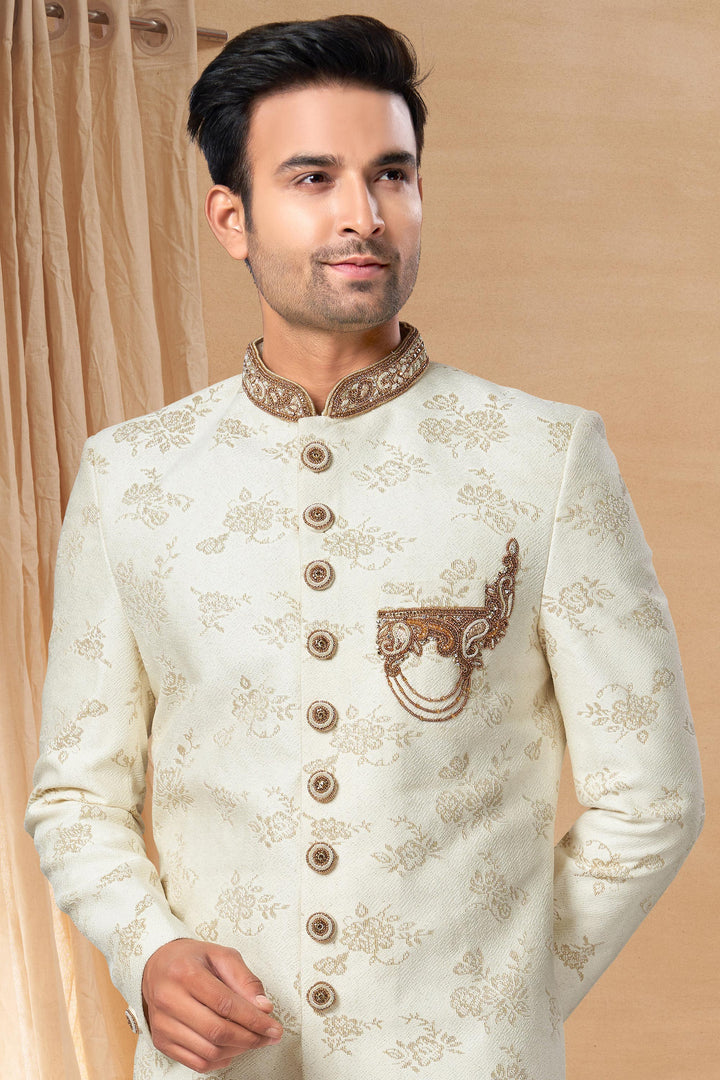 White Color Jacquard Fabric Designer Readymade Indo Western For Men