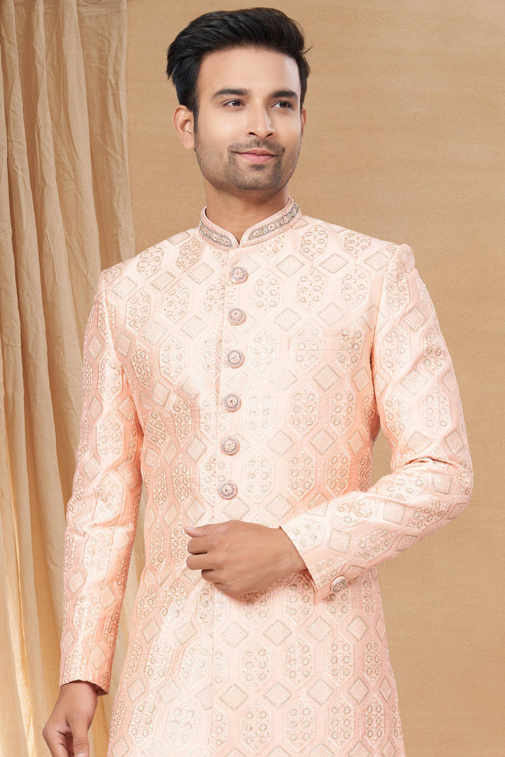 Appealing Pink Color Fancy Fabric Readymade Indo Western For Men