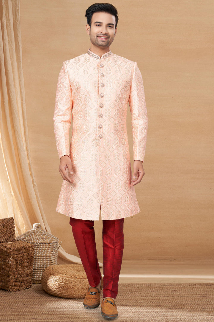 Appealing Pink Color Fancy Fabric Readymade Indo Western For Men