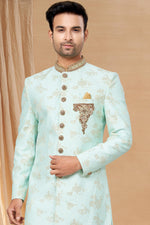 Load image into Gallery viewer, Sea Green Color Jacquard Fabric Captivating Readymade Indo Western For Men
