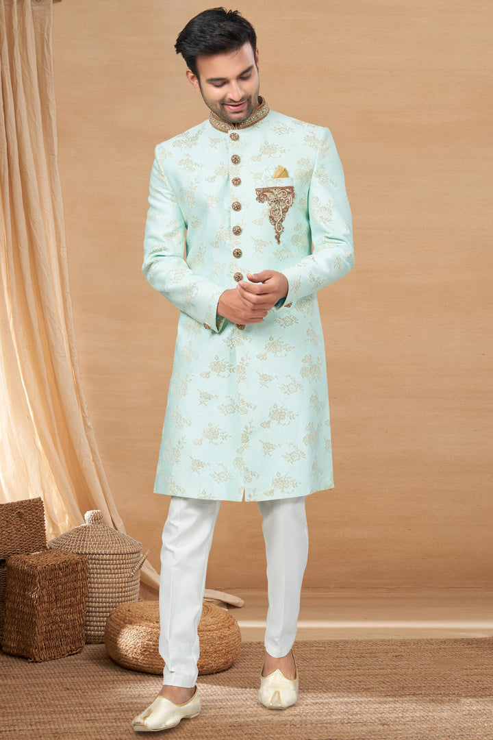 Sea Green Color Jacquard Fabric Captivating Readymade Indo Western For Men