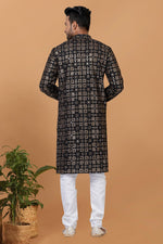 Load image into Gallery viewer, Sequins Embroidery Pretty Georgette Fabric Readymade Men Kurta Pyjama In Black Color

