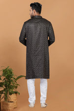 Load image into Gallery viewer, Sequins Embroidery Black Gajji Silk Graceful Readymade Men Kurta Pyjama
