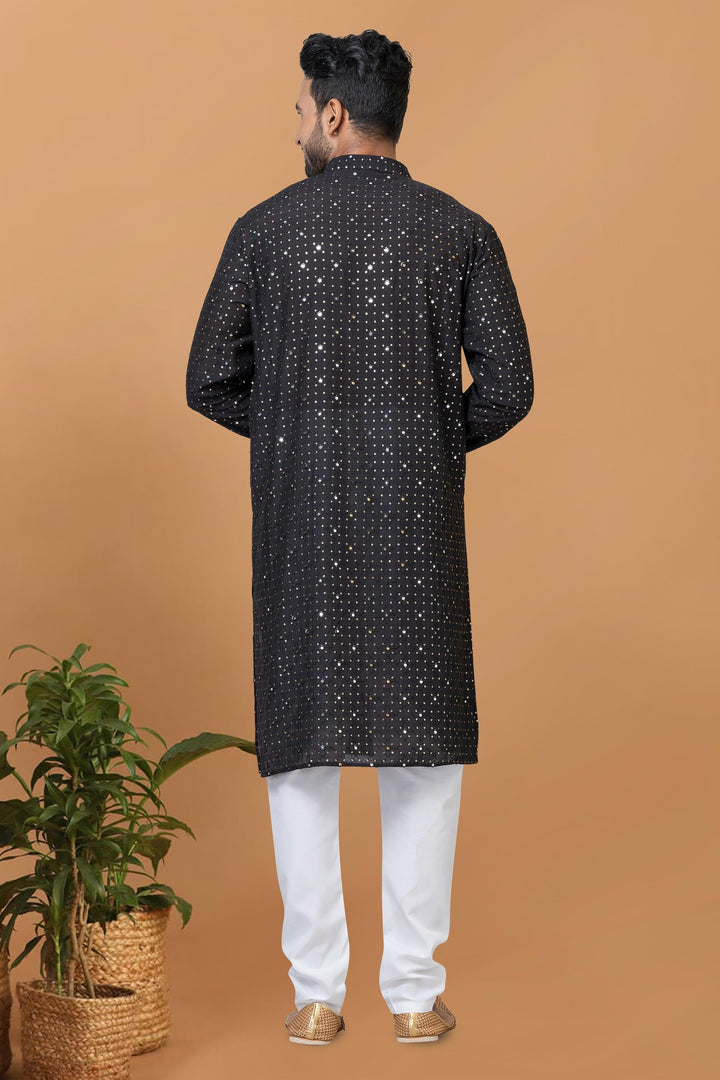 Cotton Fabric Black Color Sequins Embroidery Trendy Readymade Men Kurta Pyjama