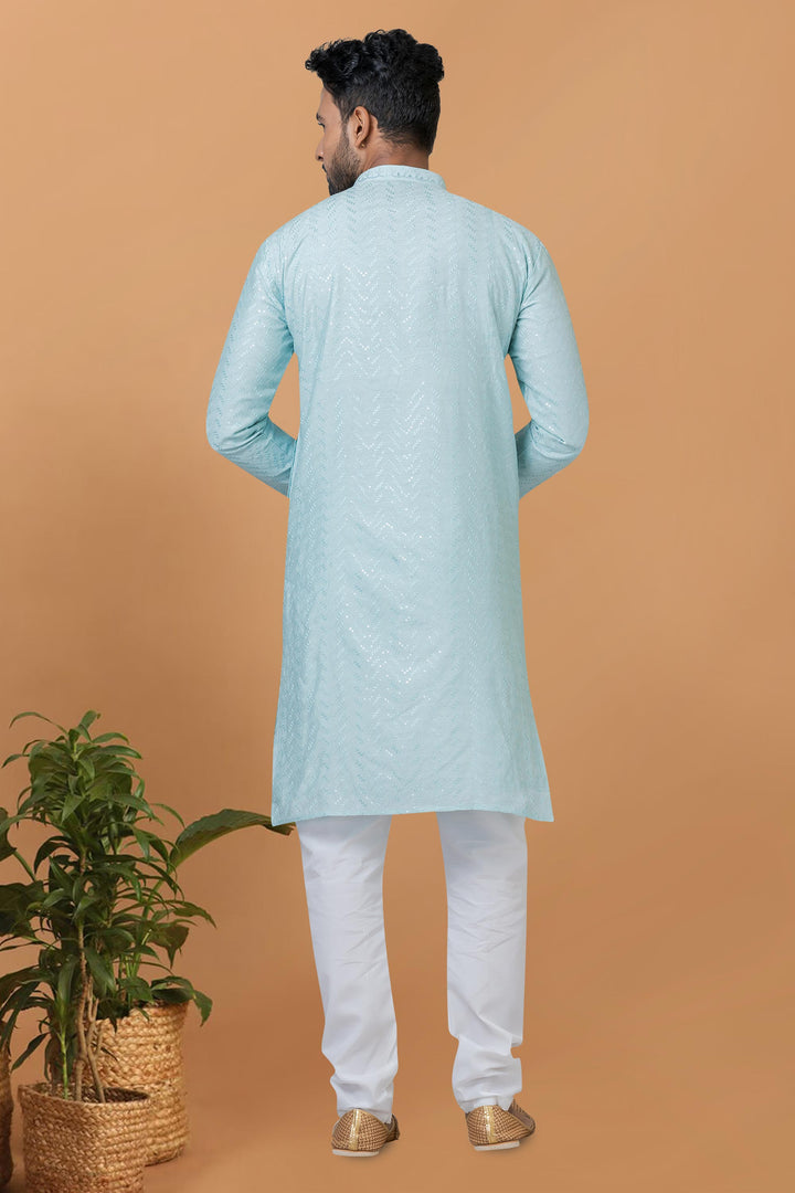 Sky Blue Color Sequins Embroidery Engaging Cotton Fabric Readymade Kurta Pyjama For Men