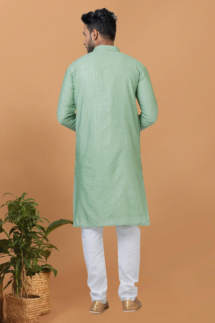 Fetching Sea Green Cotton Fabric Sequins Embroidery Readymade Kurta Pyjama For Men