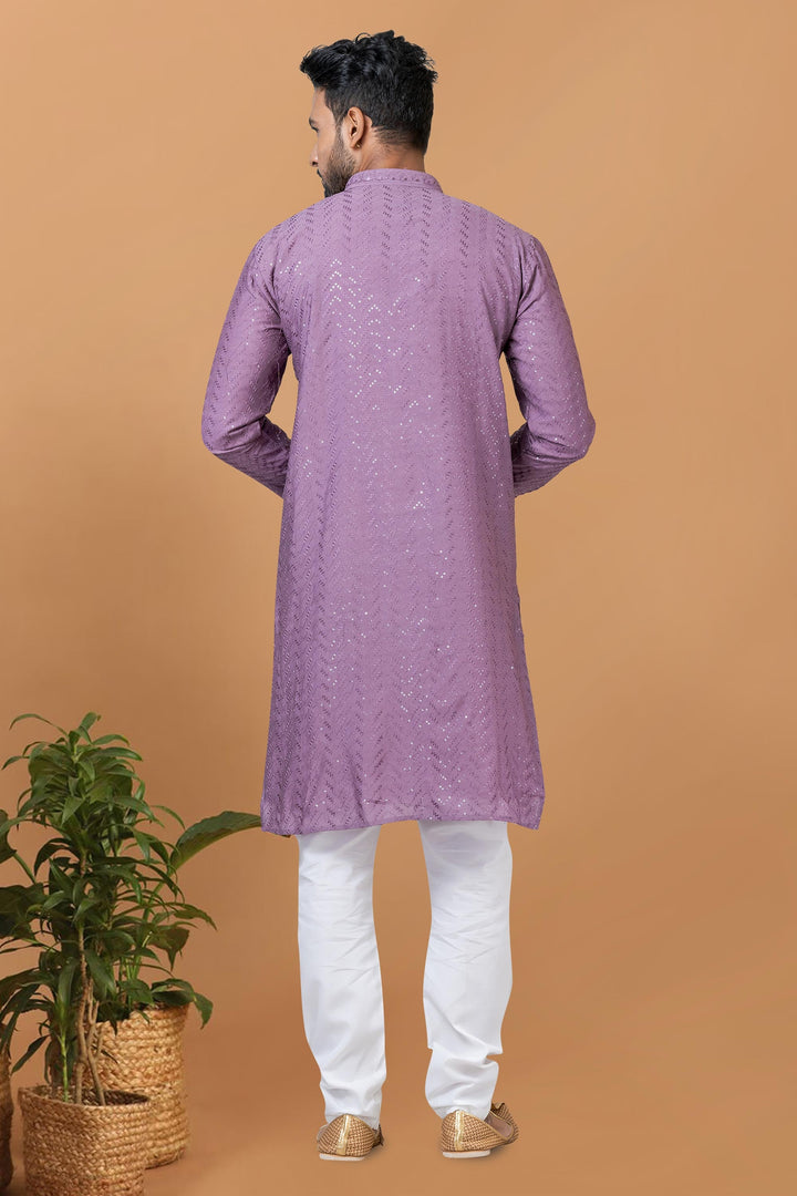 Sequins Embroidery Lavender Color Gorgeous Cotton Readymade Kurta Pyjama For Men