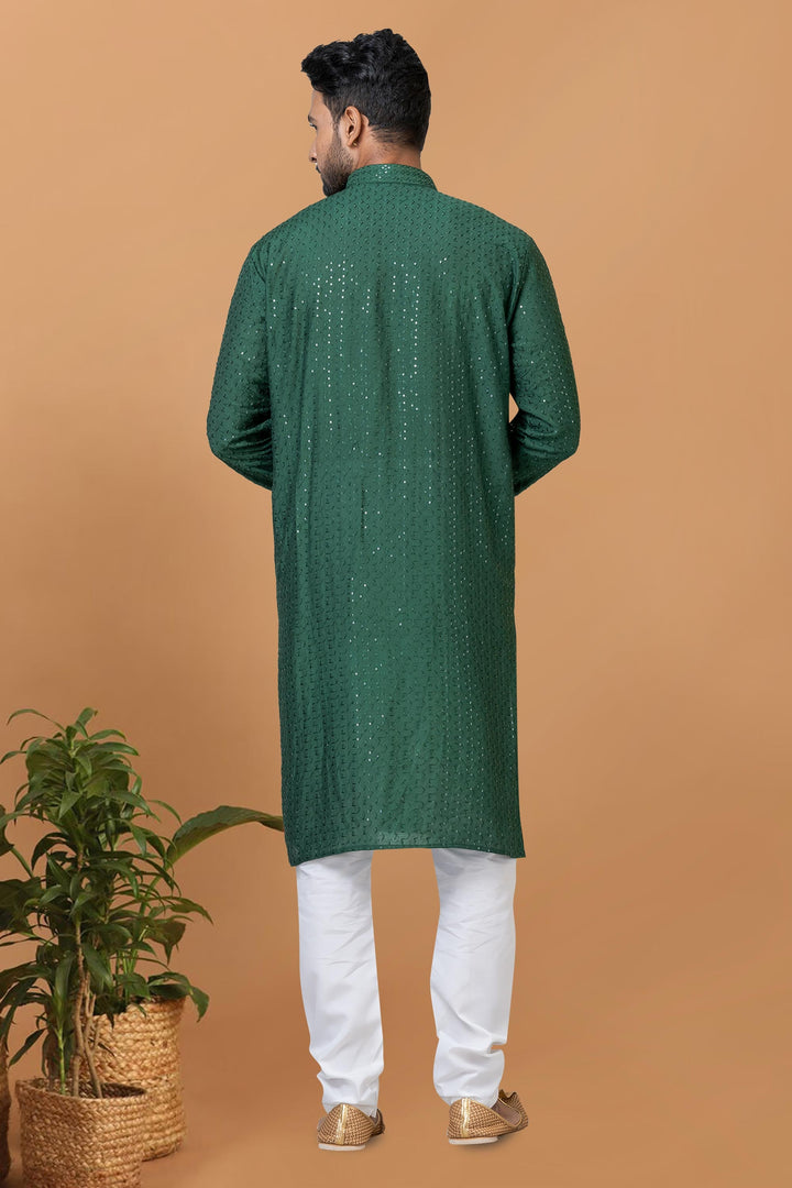 Green Color Sequins Embroidery Cotton Fabric Striking Readymade Kurta Pyjama For Men