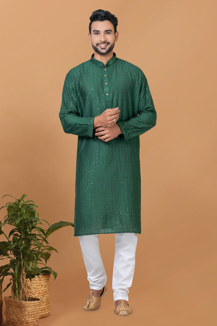 Green Color Sequins Embroidery Cotton Fabric Striking Readymade Kurta Pyjama For Men