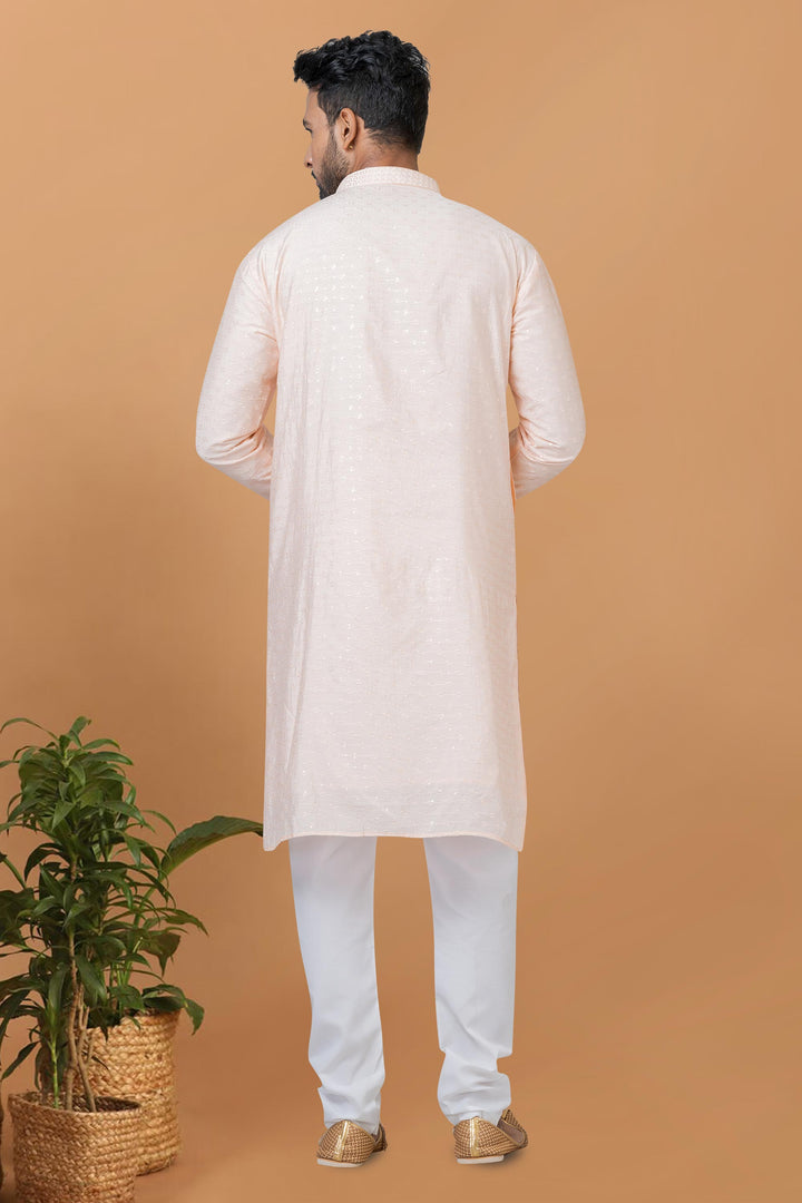Lovely Peach Color Sequins Embroidery Readymade Kurta Pyjama For Men