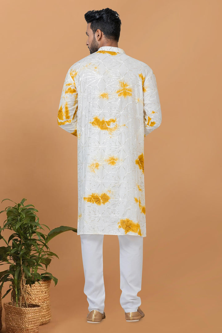 Beautiful Chanderi Fabric Readymade Kurta Pyjama For Men In White Color