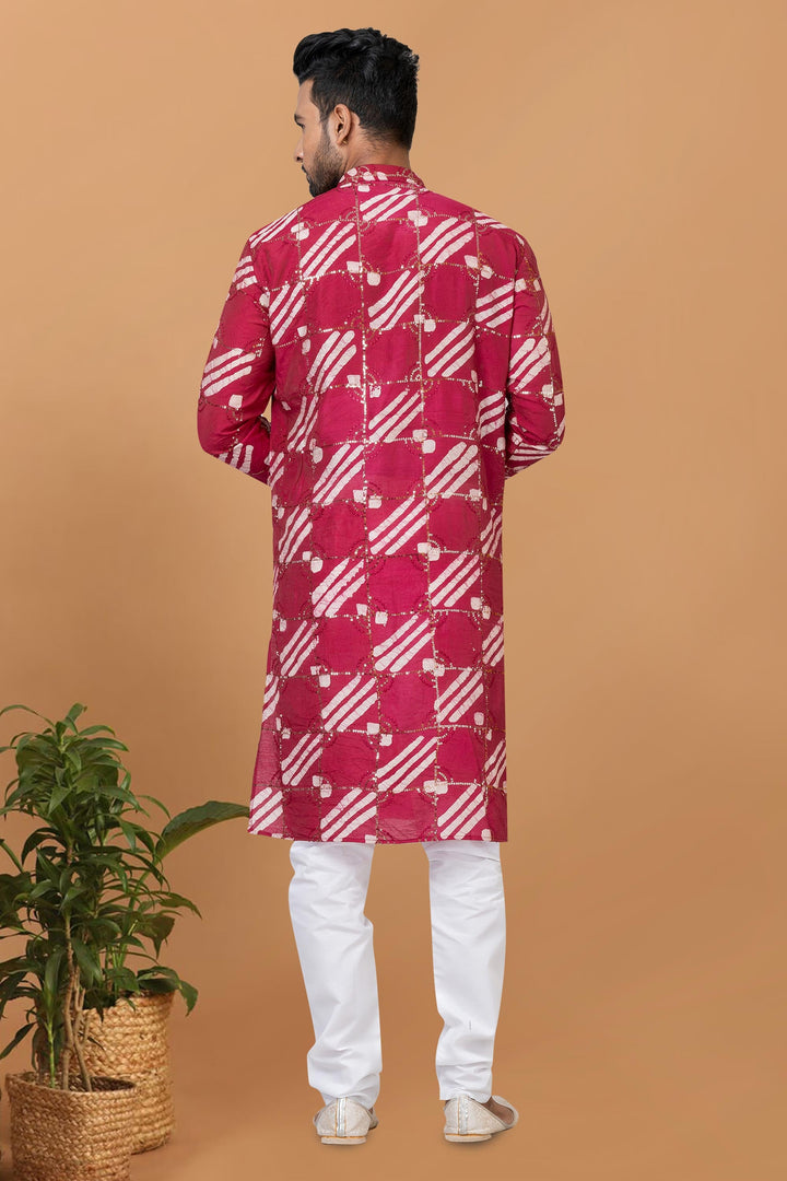 Chanderi Fabric Attractive Readymade Kurta Pyjama For Men In Rani Color