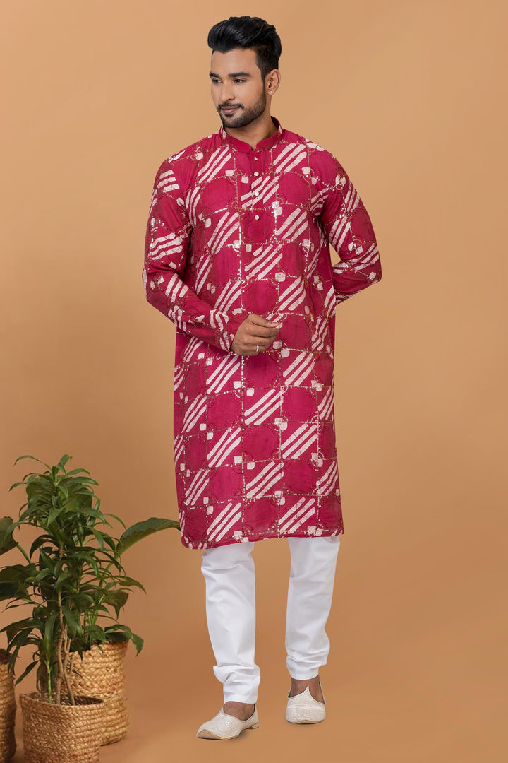 Chanderi Fabric Attractive Readymade Kurta Pyjama For Men In Rani Color