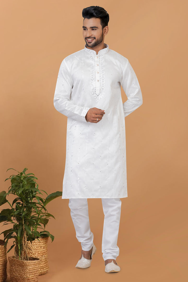 White Color Readymade Lovely Kurta Pyjama For Men