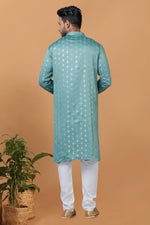 Load image into Gallery viewer, Cyan Color Artistic Readymade Men Kurta Pyjama
