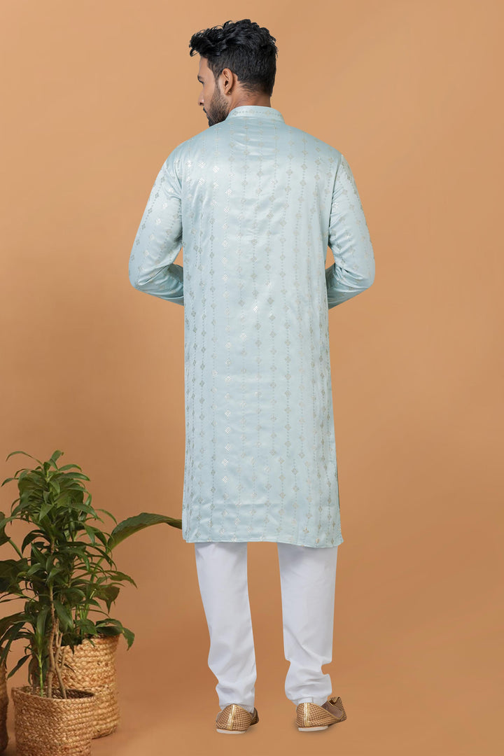 Art Silk Fabric Readymade Light Cyan Color Kurta Pyjama For Men
