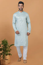 Load image into Gallery viewer, Art Silk Fabric Readymade Light Cyan Color Kurta Pyjama For Men
