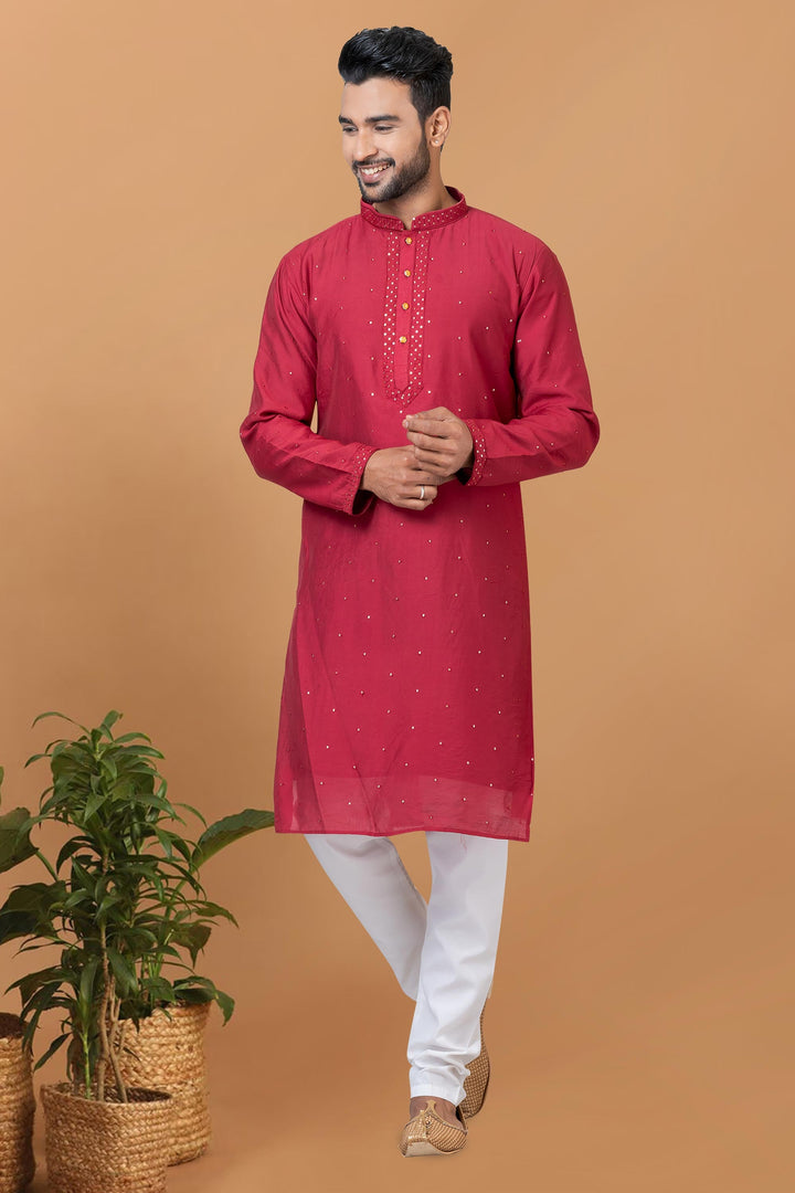 Red Color Cotton Fabric Fancy Readymade Kurta Pyjama For Men