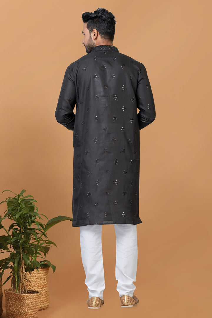 Appealing Black Color Cotton Fabric Readymade Kurta Pyjama For Men