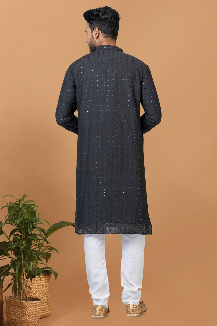 Black Cotton Fabric Sequins Embroidery Trendy Readymade Kurta Pyjama For Men
