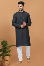 Load image into Gallery viewer, Black Cotton Fabric Sequins Embroidery Trendy Readymade Kurta Pyjama For Men

