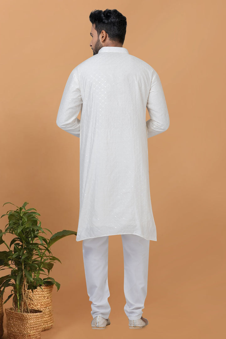 Sequins Embroidery White Color Readymade Cotton Fabric Kurta Pyjama For Men