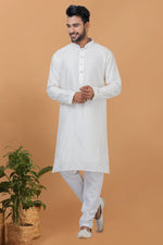 Load image into Gallery viewer, Sequins Embroidery White Color Readymade Cotton Fabric Kurta Pyjama For Men
