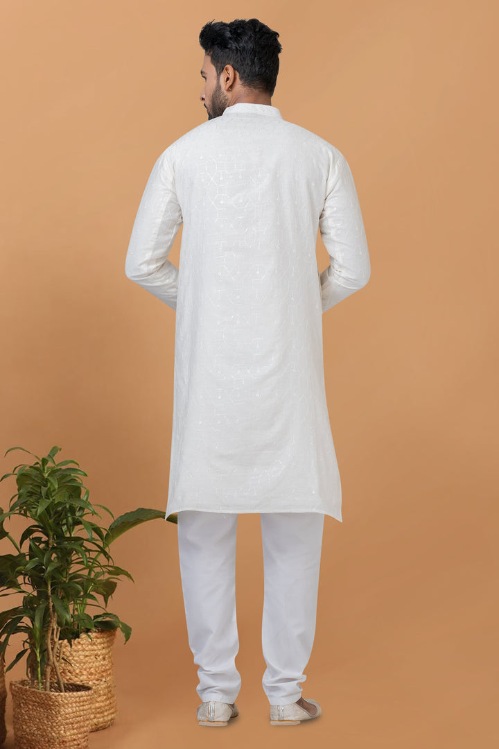 Cotton Fabric White Color Sequins Embroidery Trendy Readymade Men Kurta Pyjama