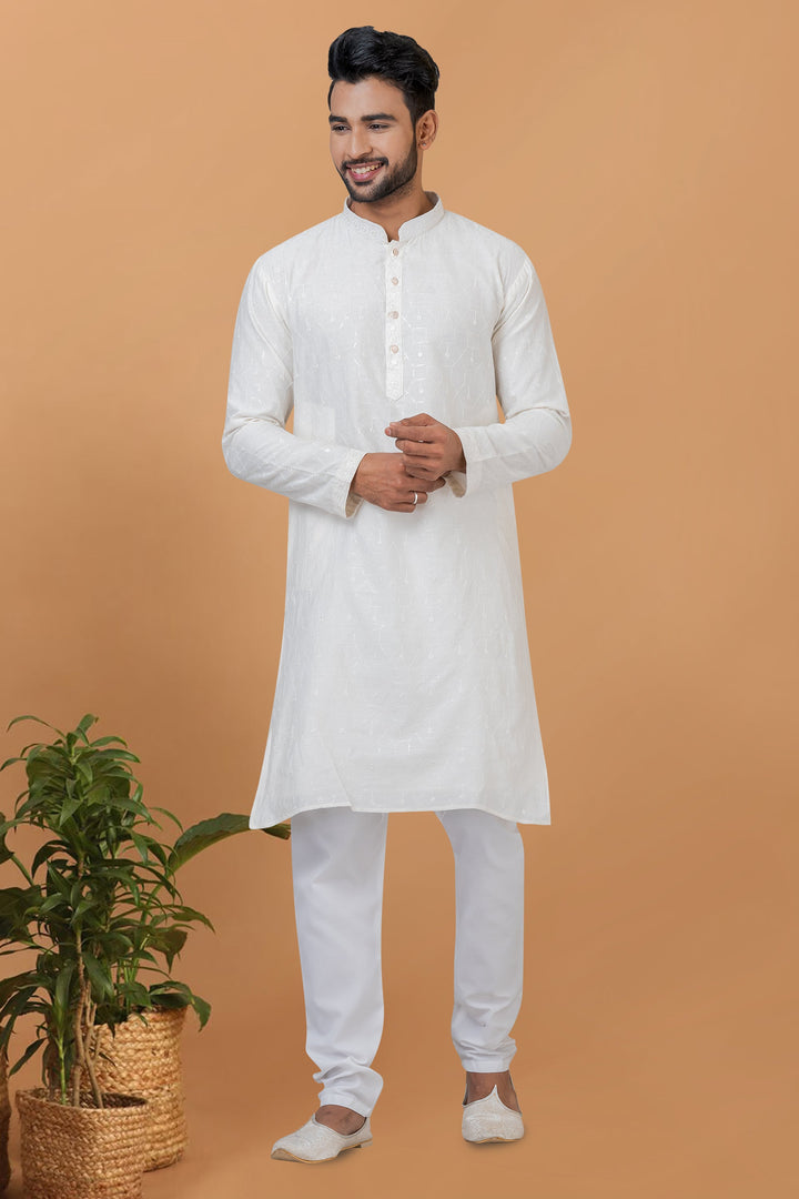 Cotton Fabric White Color Sequins Embroidery Trendy Readymade Men Kurta Pyjama