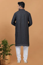 Load image into Gallery viewer, Black Color Cotton Fabric Sequins Embroidery Designer Readymade Kurta Pyjama For Men
