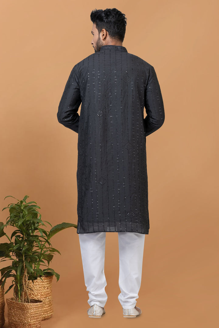 Black Color Cotton Fabric Sequins Embroidery Designer Readymade Kurta Pyjama For Men