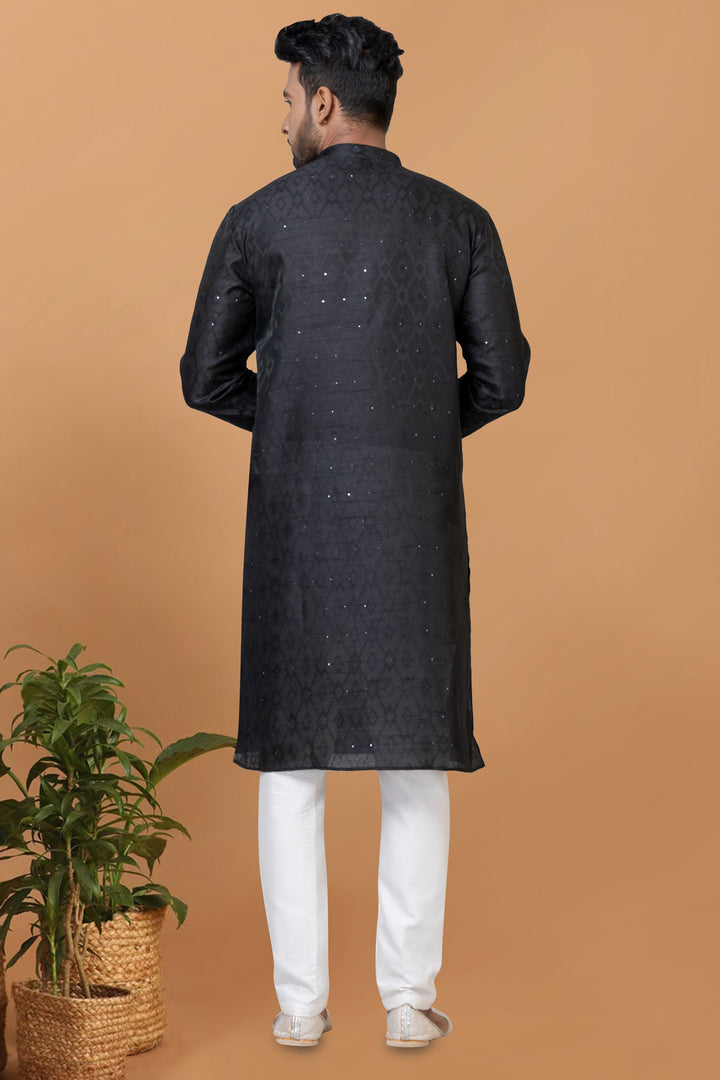 Black Color Art Silk Fabric Readymade Kurta Pyjama For Men