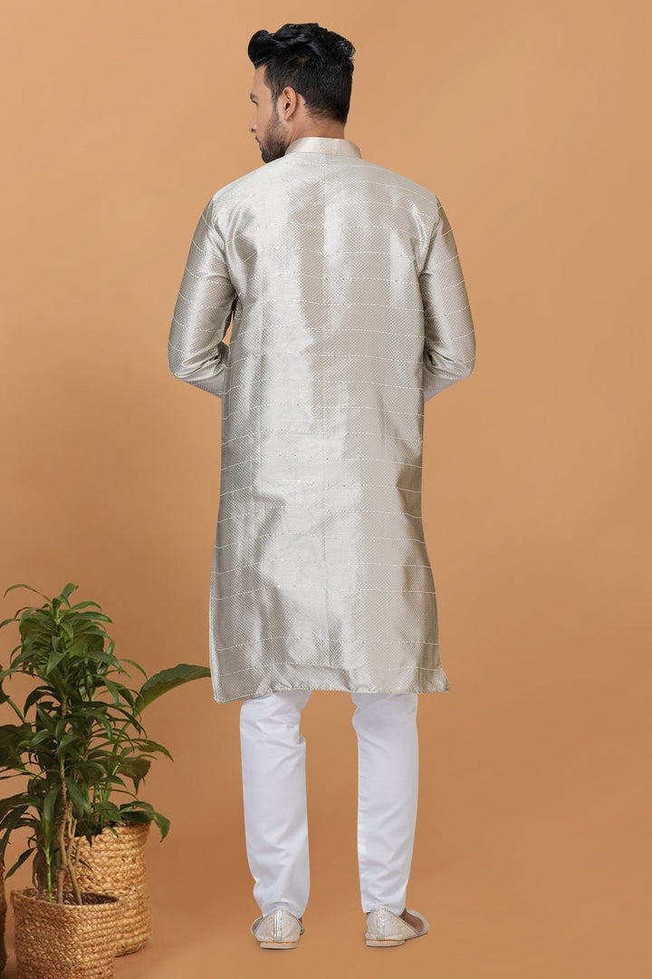 Art Silk Fabric Grey Color Readymade Men Stylish Kurta Pyjama