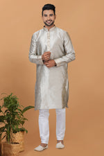 Load image into Gallery viewer, Art Silk Fabric Grey Color Readymade Men Stylish Kurta Pyjama
