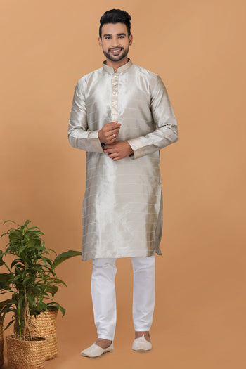 Art Silk Fabric Grey Color Readymade Men Stylish Kurta Pyjama