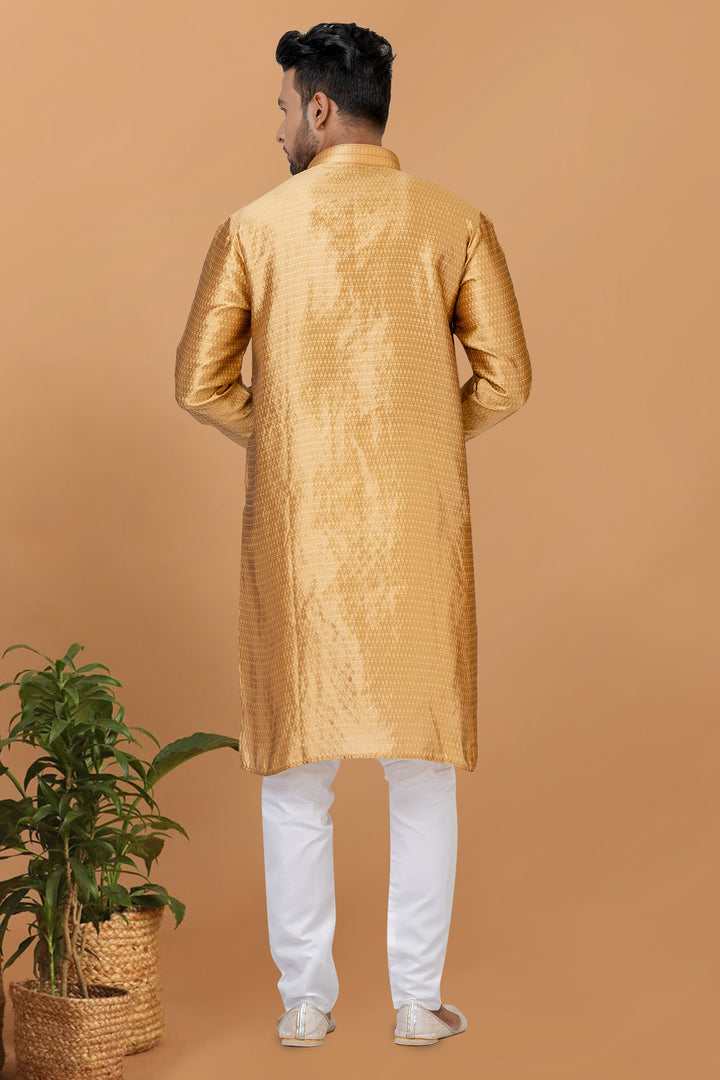 Golden Art Silk Fabric Trendy Readymade Kurta Pyjama For Men