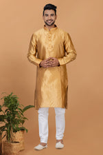 Load image into Gallery viewer, Golden Art Silk Fabric Trendy Readymade Kurta Pyjama For Men
