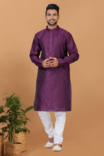 Load image into Gallery viewer, Beautiful Purple Color Readymade Kurta Pyjama For Men In Art Silk Fabric

