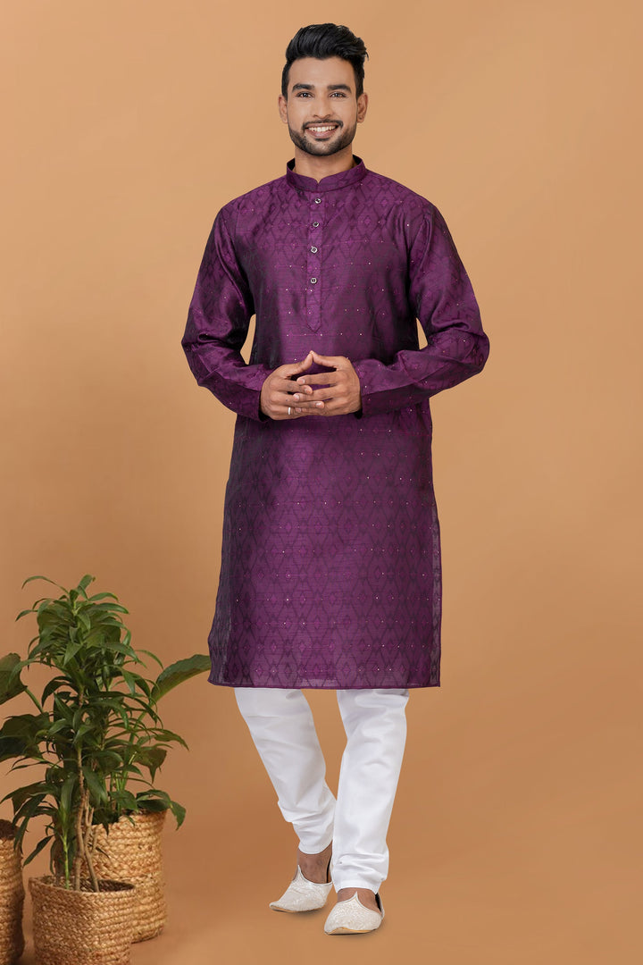 Beautiful Purple Color Readymade Kurta Pyjama For Men In Art Silk Fabric