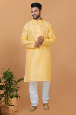 Load image into Gallery viewer, Yellow Art Silk Graceful Readymade Men Kurta Pyjama
