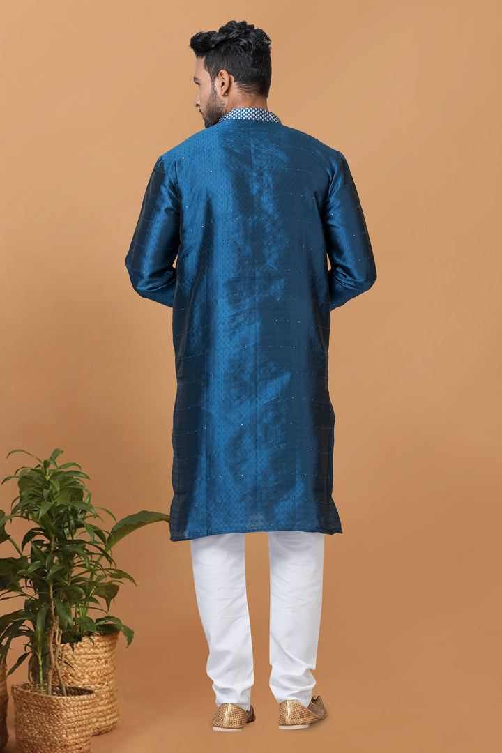 Art Silk Teal Magnificent Readymade Men Kurta Pyjama