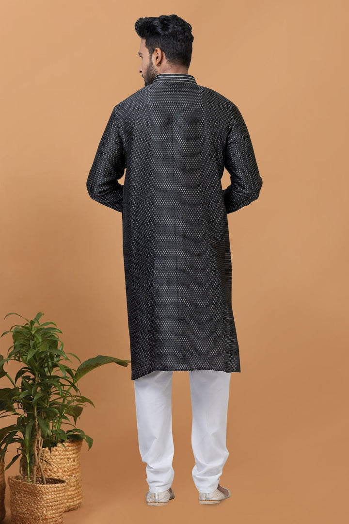Black Color Readymade Art Silk Fabric Kurta Pyjama For Men