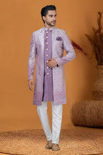 Load image into Gallery viewer, Lavender Jacquard Silk Fabric Jacquard Work Sangeet Wear Trendy Readymade Indo Western For Men
