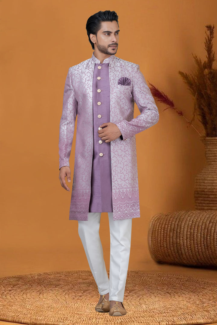 Lavender Jacquard Silk Fabric Jacquard Work Sangeet Wear Trendy Readymade Indo Western For Men