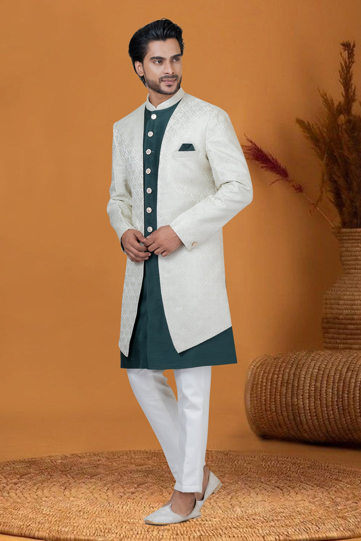 Beautiful Jacquard Work Off White Color Wedding Wear Readymade Indo Western For Men In Jacquard Silk Fabric