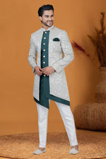 Load image into Gallery viewer, Jacquard Work Grey Jacquard Silk Graceful Readymade Men Indo Western For Sangeet Wear
