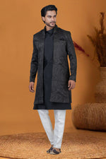 Load image into Gallery viewer, Jacquard Silk Jacquard Work Black Magnificent Readymade Men Indo Western For Sangeet Wear
