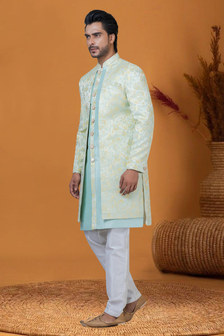 Artistic Jacquard Silk Light Cyan Readymade Jacquard Work Men Indo Western For Wedding Wear