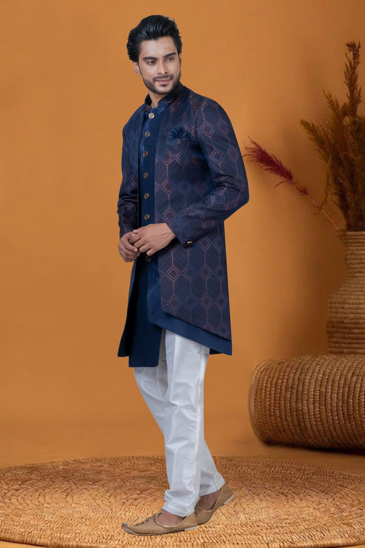 Jacquard Work Blue Color Reception Wear Readymade Jacquard Silk Fabric Indo Western For Men