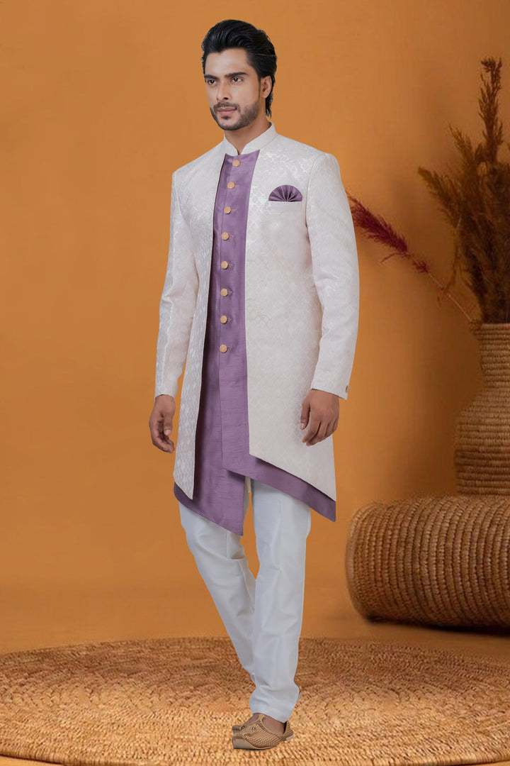 Jacquard Silk Fabric Jacquard Work Wedding Wear Readymade White Color Indo Western For Men